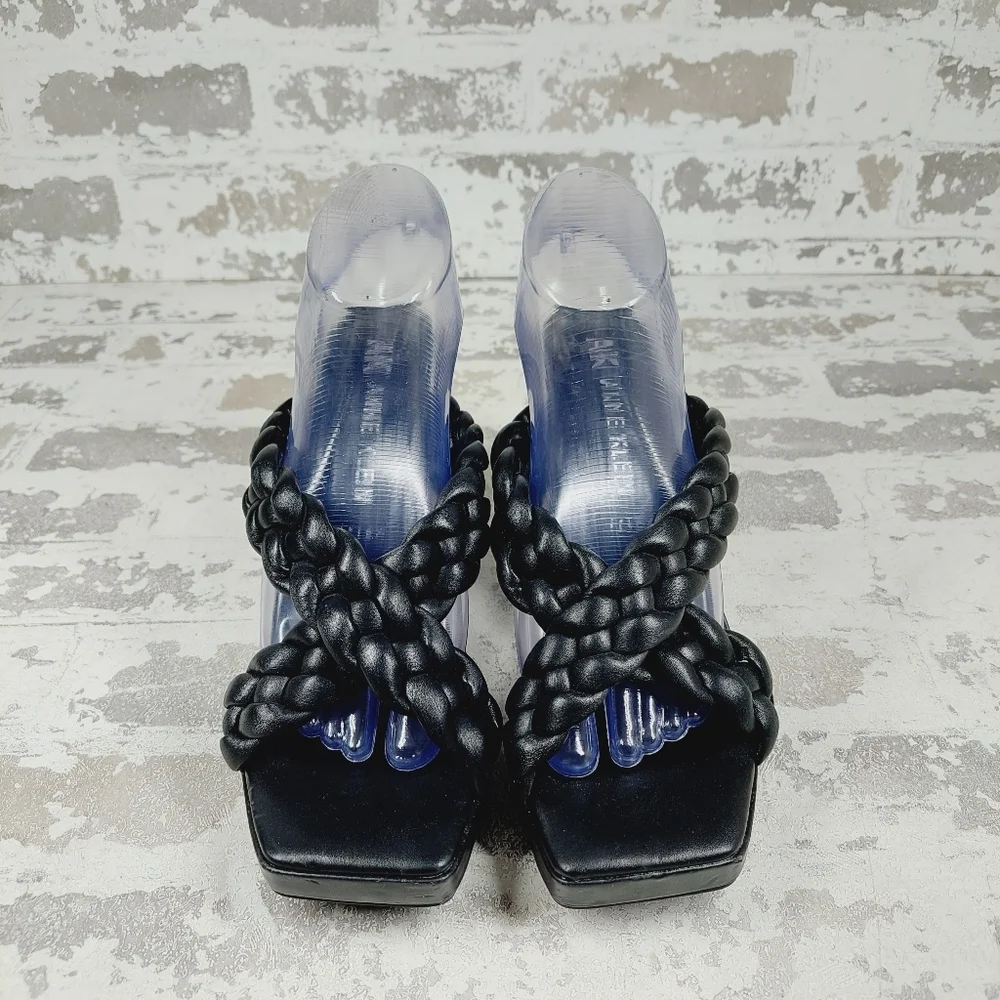 NEW Anne Klein Aiden Black Braided Strap Slip On Block Heel Sandals D589